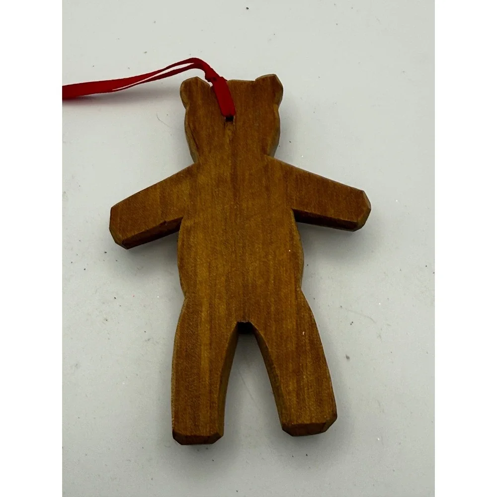 Hand Carved Wooden Teddy Bear Christmas Ornament Rustic Folk Art Brown Hanging